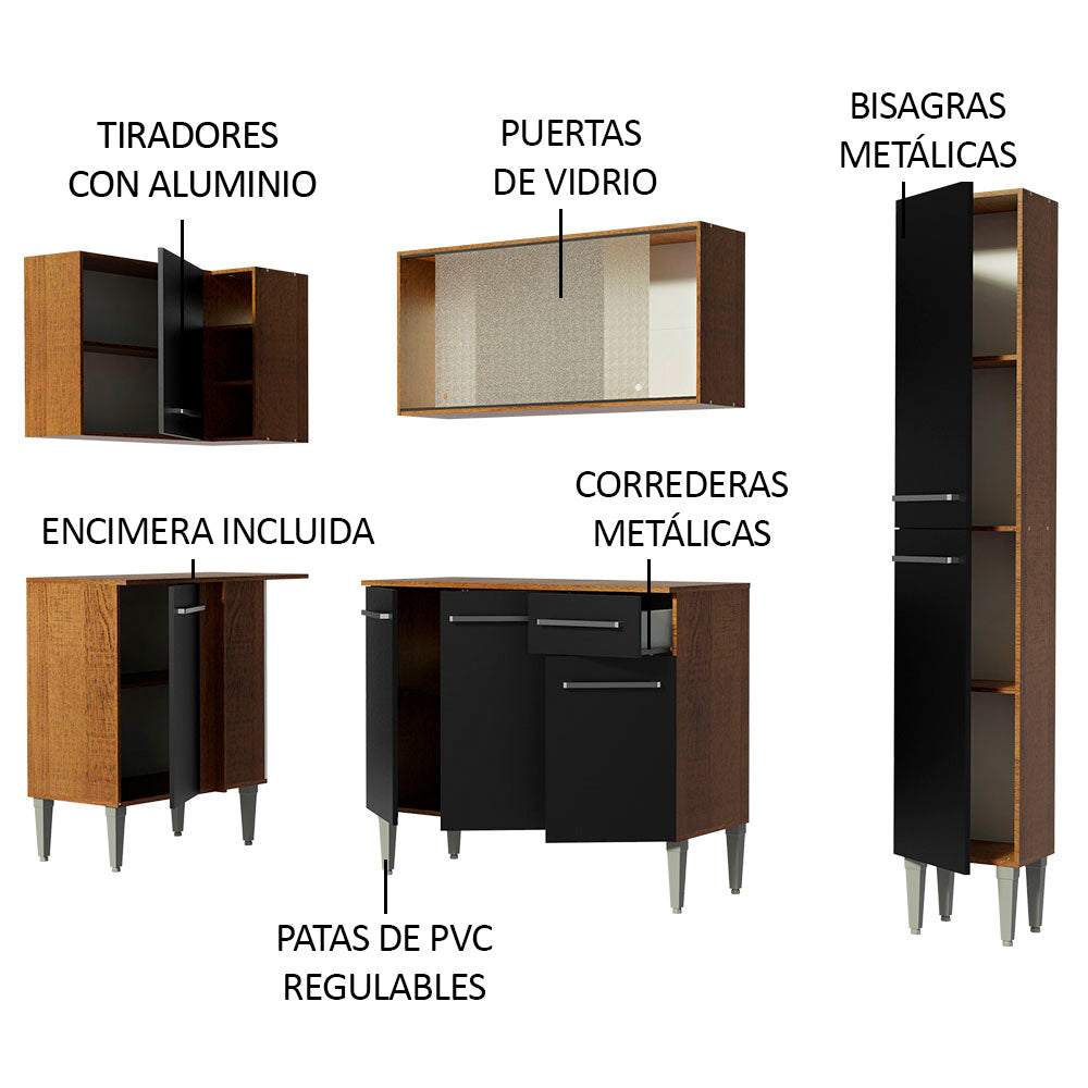 Combo completo de Cocina Esquinera 261 cm 9 Puertas 1 Cajón Marrón/Negro Emilly Madesa 02