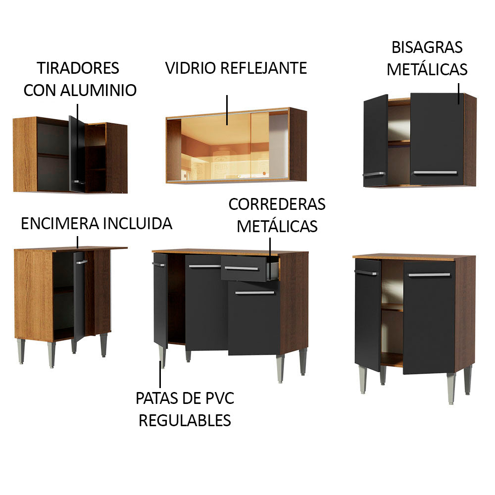 Combo completo de Cocina Esquinera 293 cm 11 Puertas 1 Cajón Marrón/Negro Emilly Madesa 04