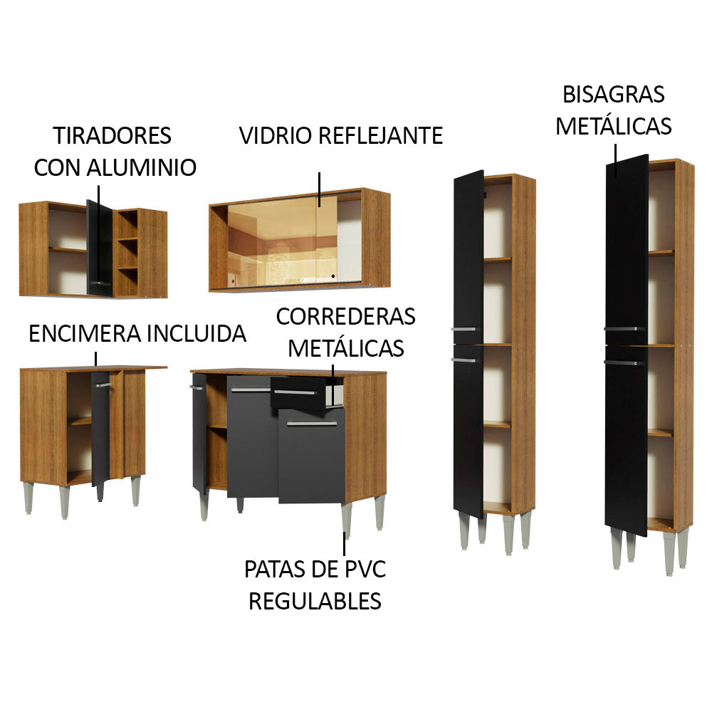 Combo completo de Cocina Esquinera 293 cm 11 Puertas 1 Cajón Marrón/Negro Emilly Madesa 06