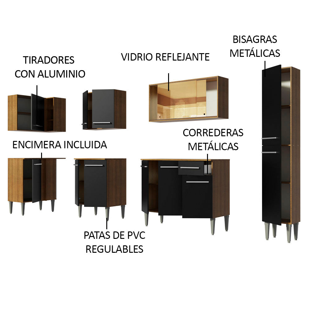 Combo completo de Cocina Esquinera 325 cm 13 Puertas 1 Cajón Marrón/Negro Emilly Madesa 04