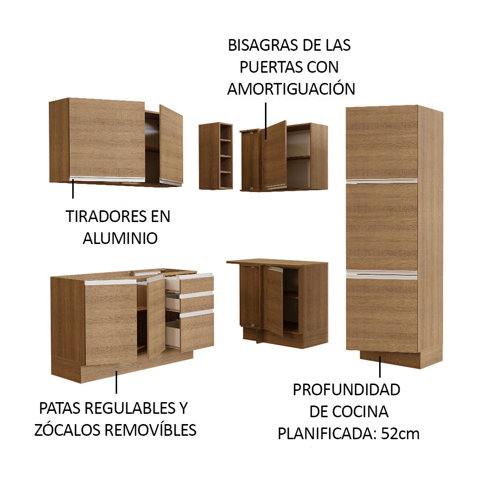 Combo completo de Cocina Esquinera 329 cm 9 Puertas 3 Cajones Sin Mesada Marrón Glamy Madesa