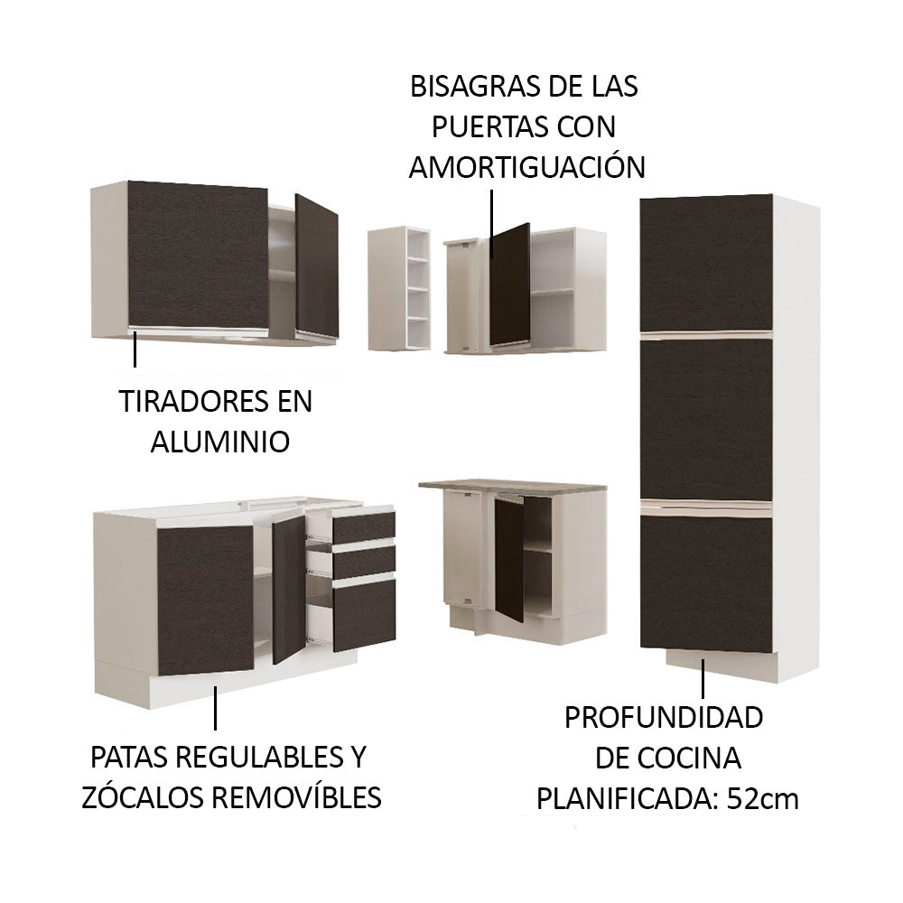 Combo completo de Cocina Esquinera 329 cm 9 Puertas 3 Cajones Sin Mesada Blanco/Negro Glamy Madesa