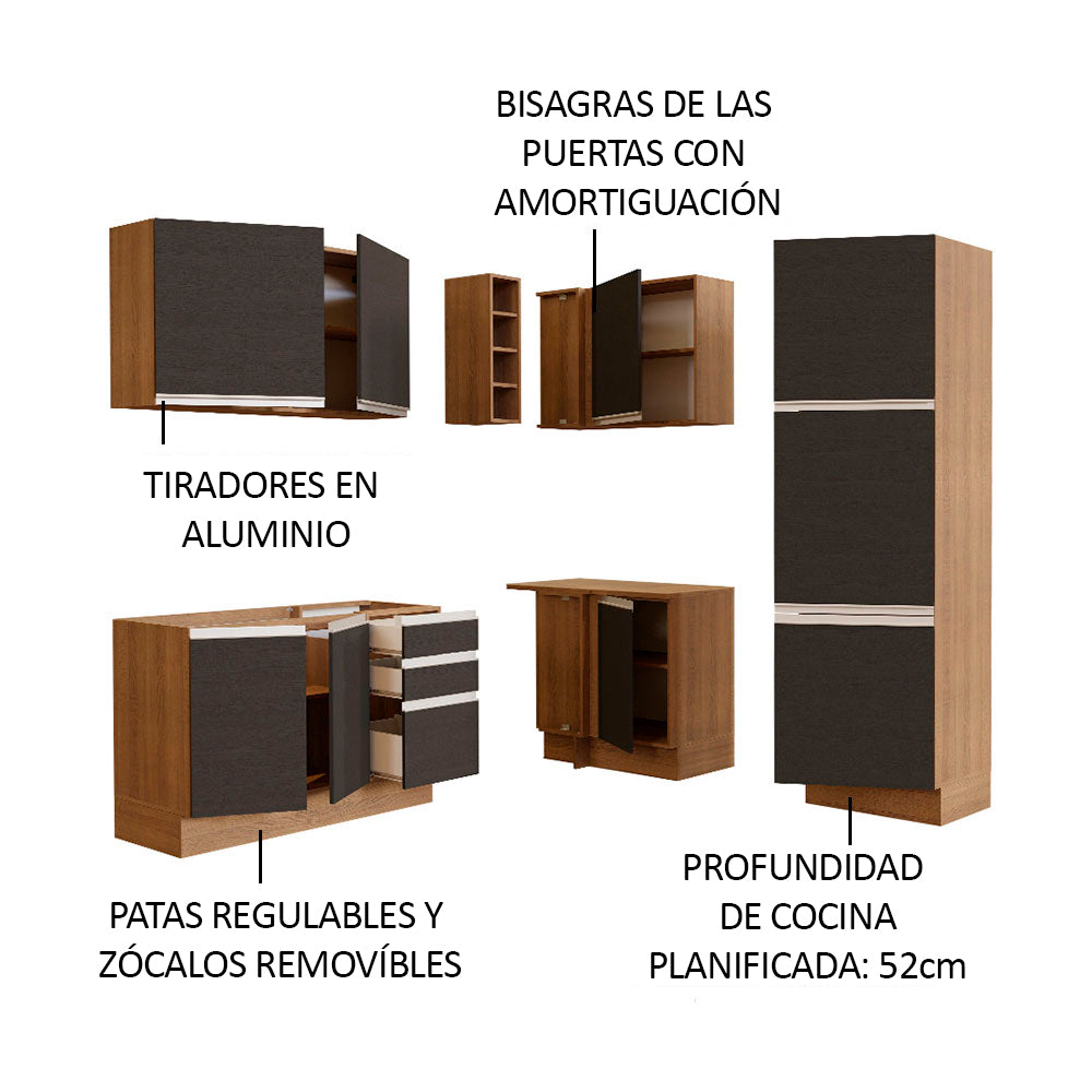 Combo completo de Cocina Esquinera 329 cm 9 Puertas 3 Cajones Sin Mesada Marrón/Negro Glamy Madesa