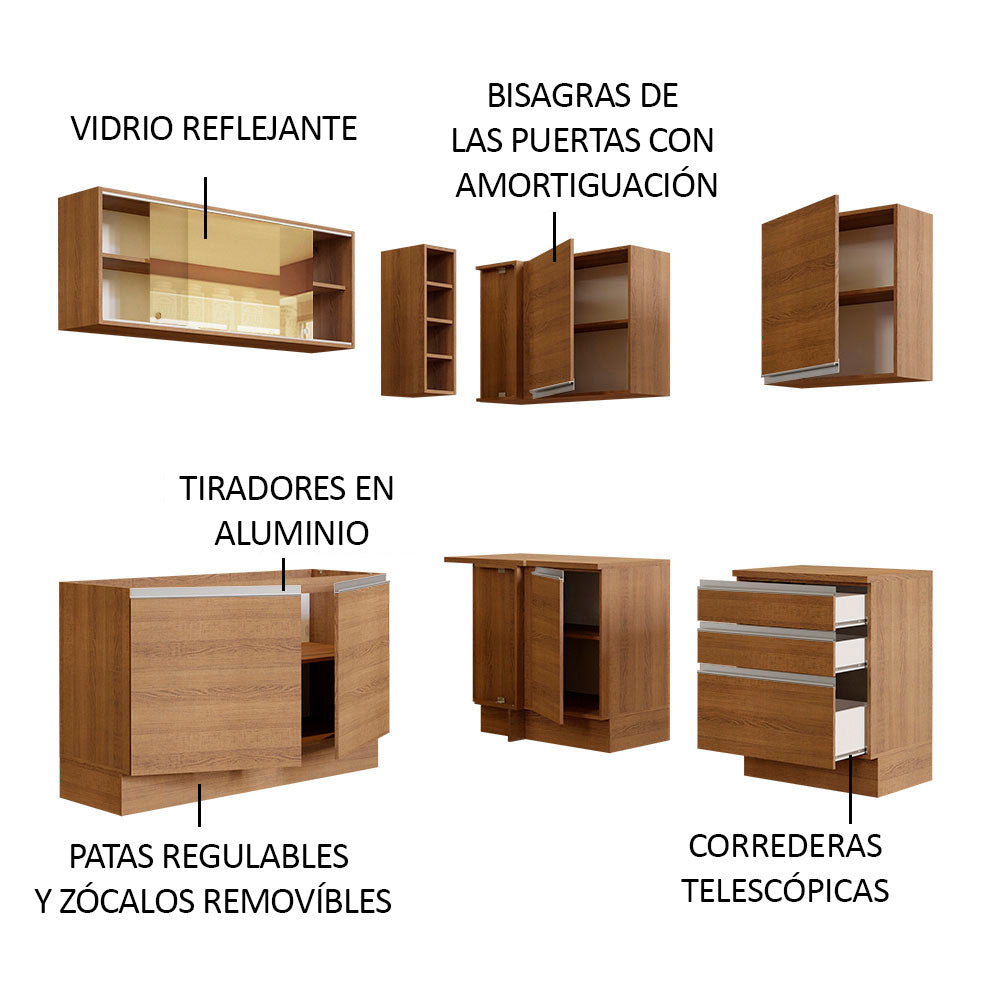 Combo completo de Cocina Esquinera 329 cm 7 Puertas 3 Cajones Sin Mesada Marrón Glamy Madesa