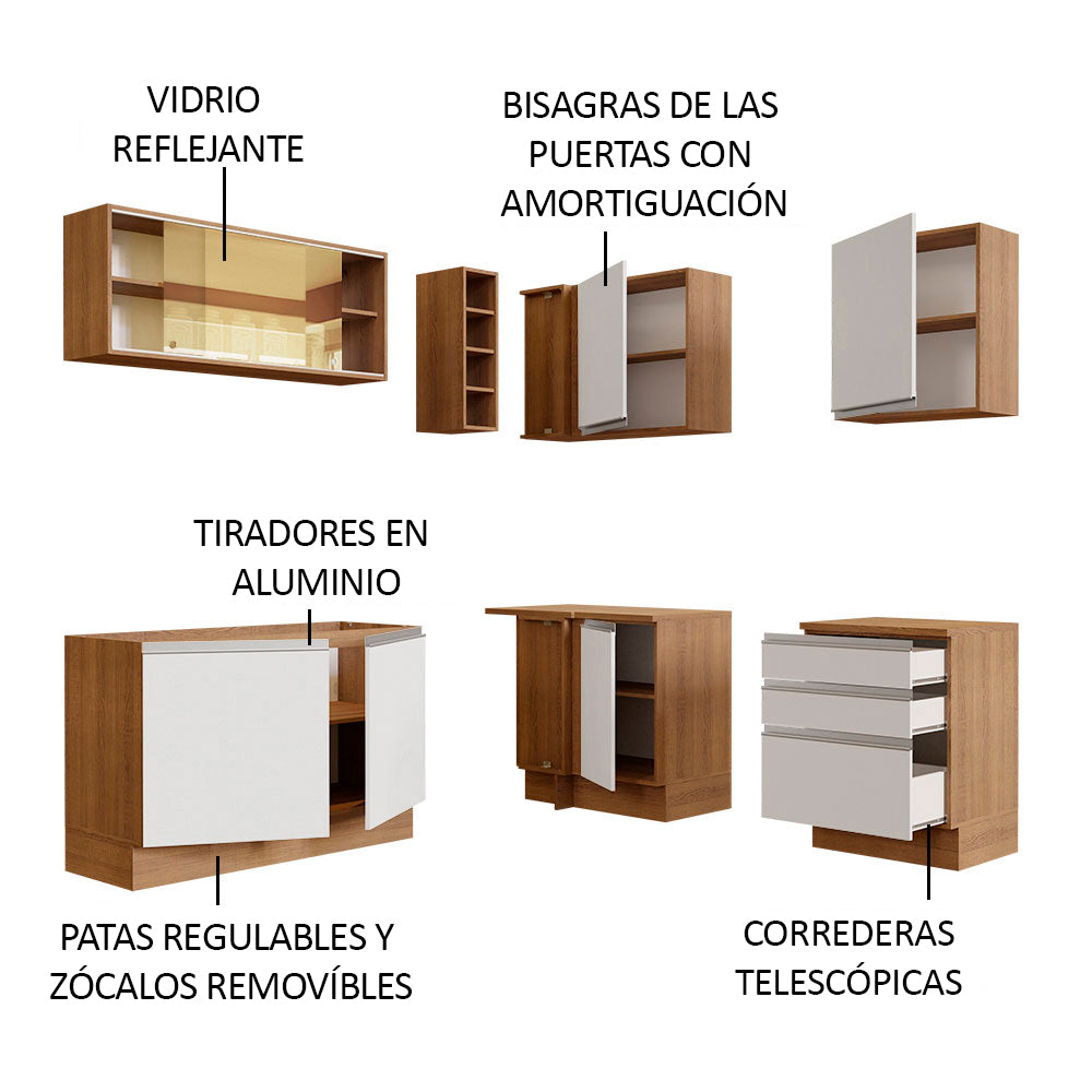 Combo completo de Cocina Esquinera 329 cm 7 Puertas 3 Cajones Sin Mesada Marrón/Blanco Glamy Madesa