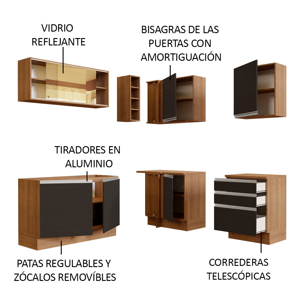 Combo completo de Cocina Esquinera 329 cm 7 Puertas 3 Cajones Sin Mesada Marrón/Negro Glamy Madesa