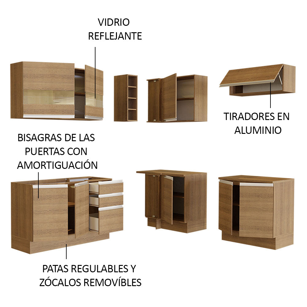 Combo completo de Cocina Esquinera 349 cm 9 Puertas 3 Cajones Sin Mesada Marrón Glamy Madesa
