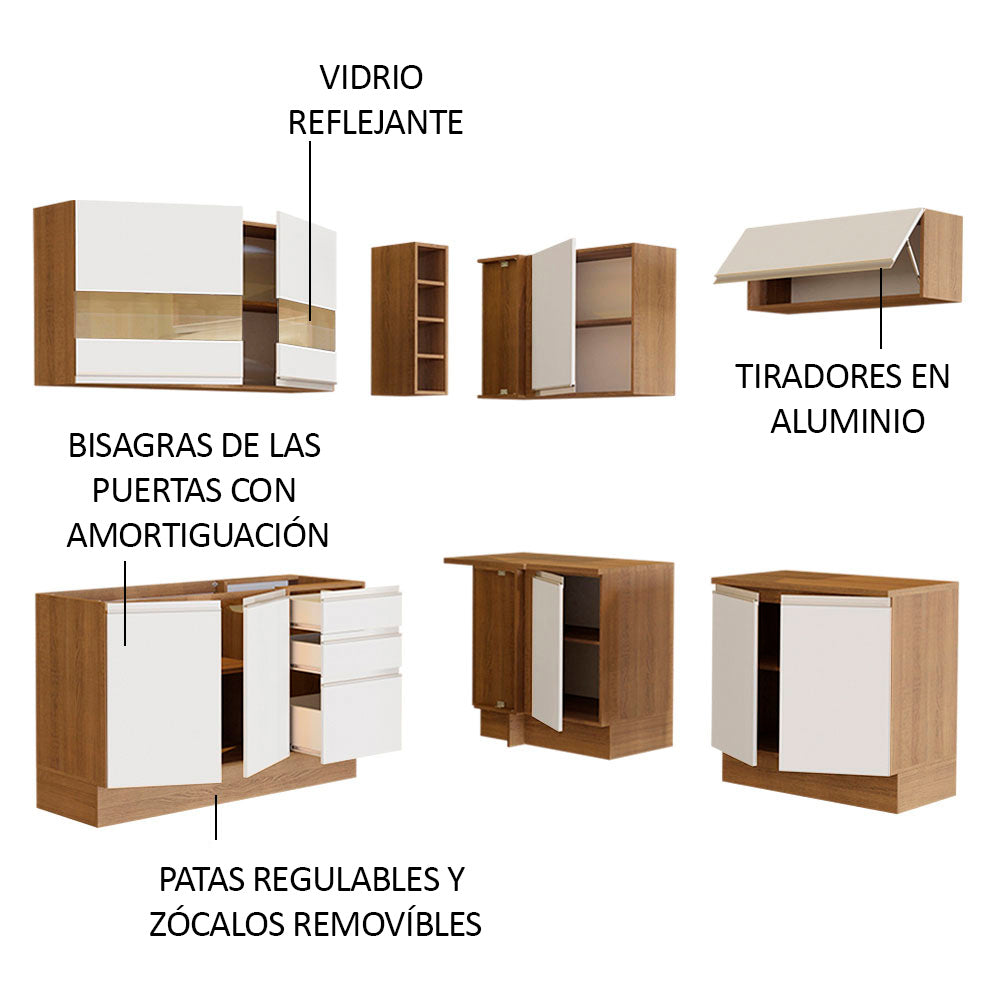 Combo completo de Cocina Esquinera 349 cm 9 Puertas 3 Cajones Sin Mesada Marrón/Blanco Glamy Madesa