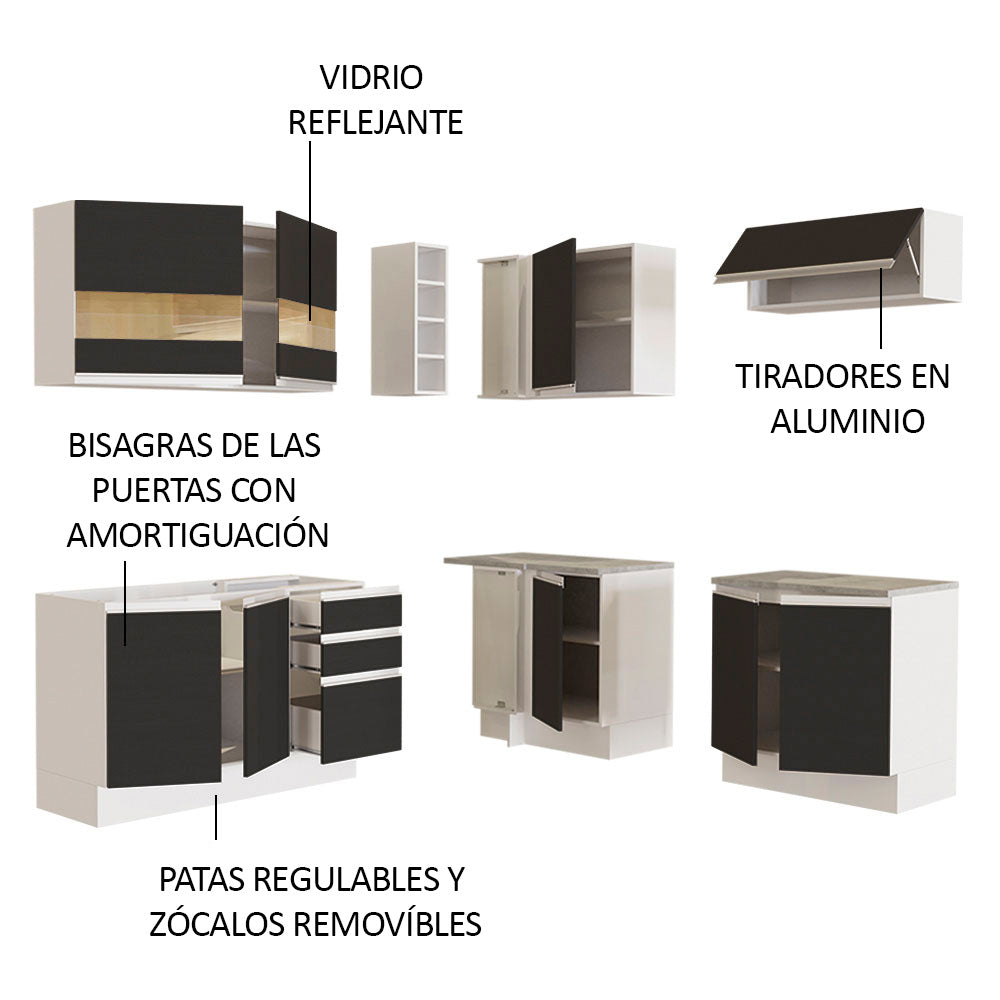 Combo completo de Cocina Esquinera 349 cm 9 Puertas 3 Cajones Sin Mesada Blanco/Negro Glamy Madesa