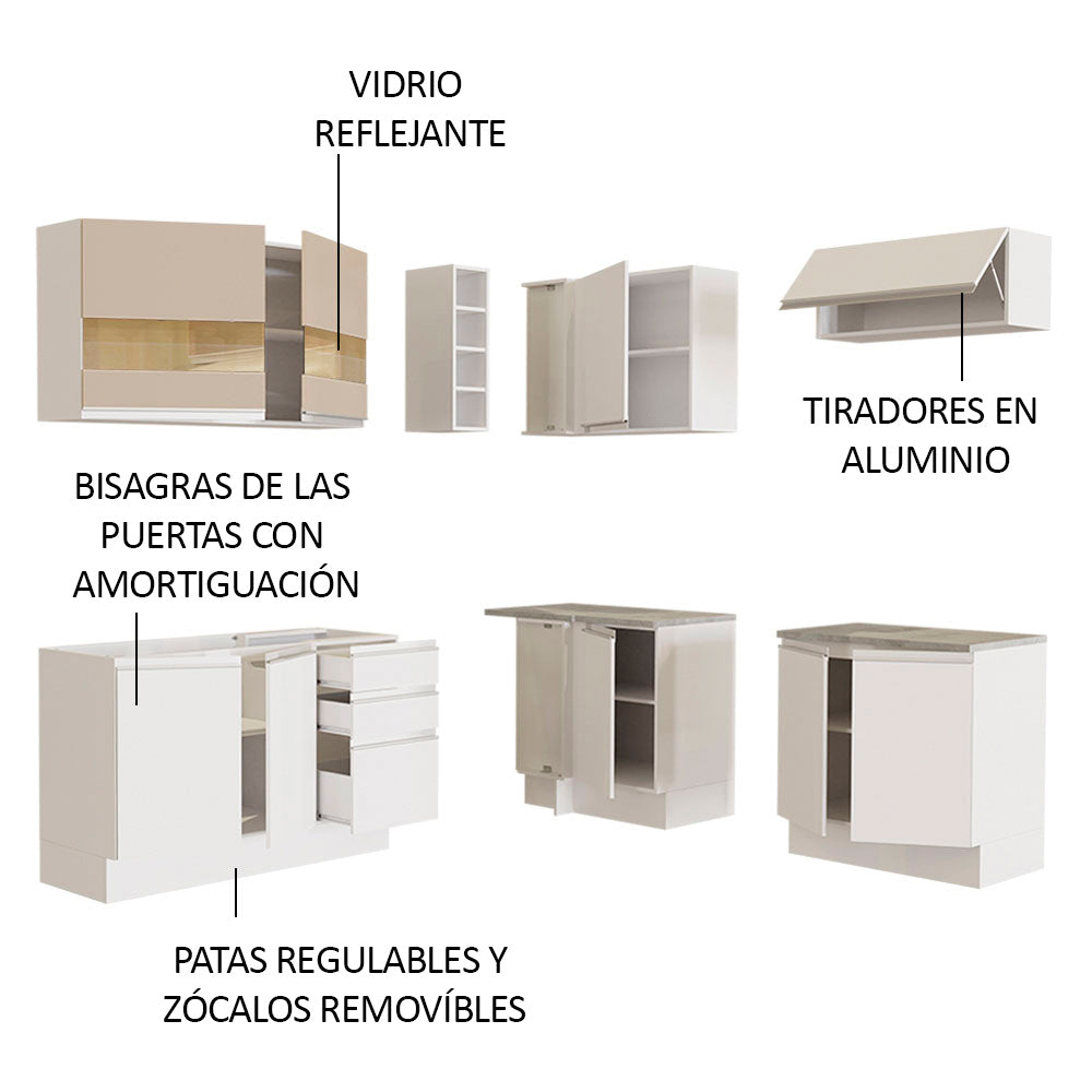 Combo completo de Cocina Esquinera 349 cm 9 Puertas 3 Cajones Sin Mesada Blanco/Crema Glamy Madesa