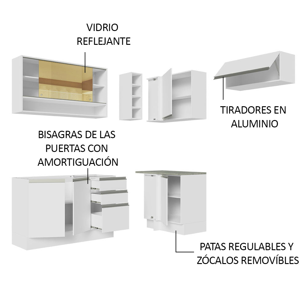 Combo completo de Cocina Esquinera 349 cm 7 Puertas 3 Cajones Sin Mesada Blanco Glamy Madesa