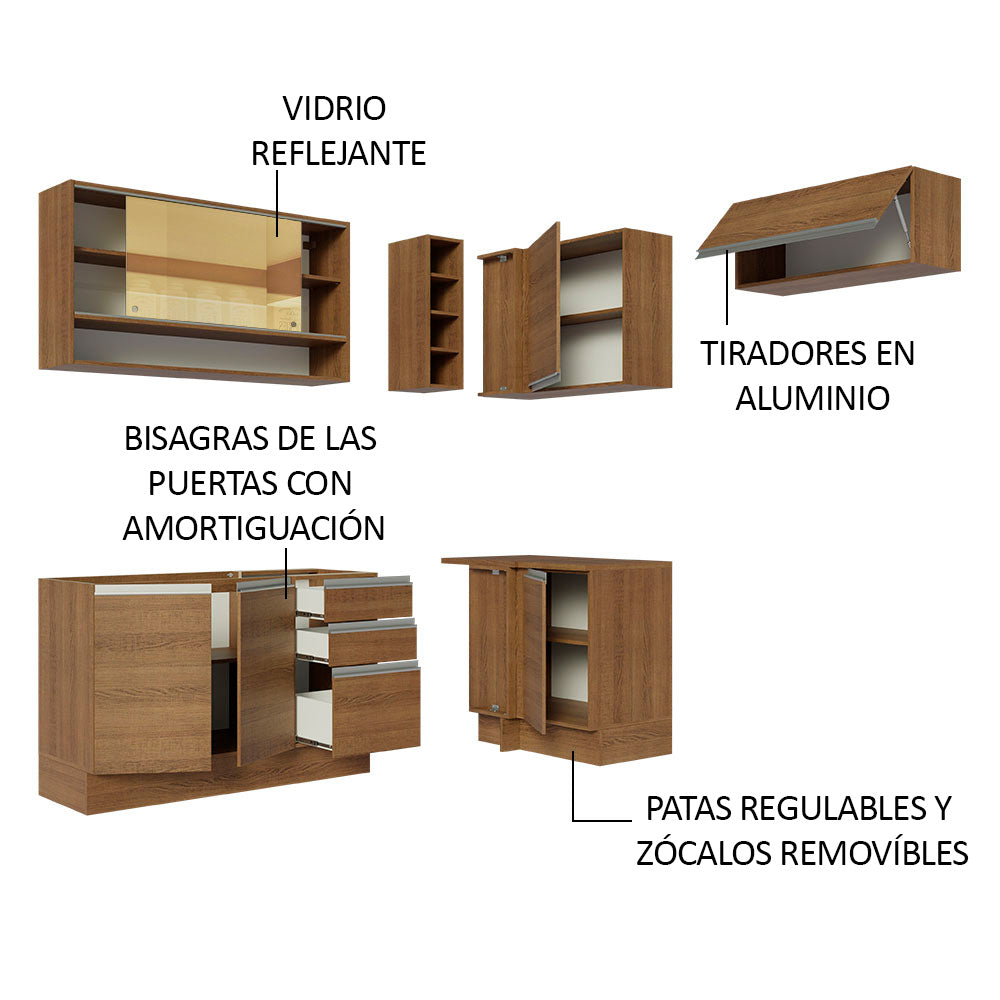 Combo completo de Cocina Esquinera 349 cm 7 Puertas 3 Cajones Sin Mesada Marrón Glamy Madesa