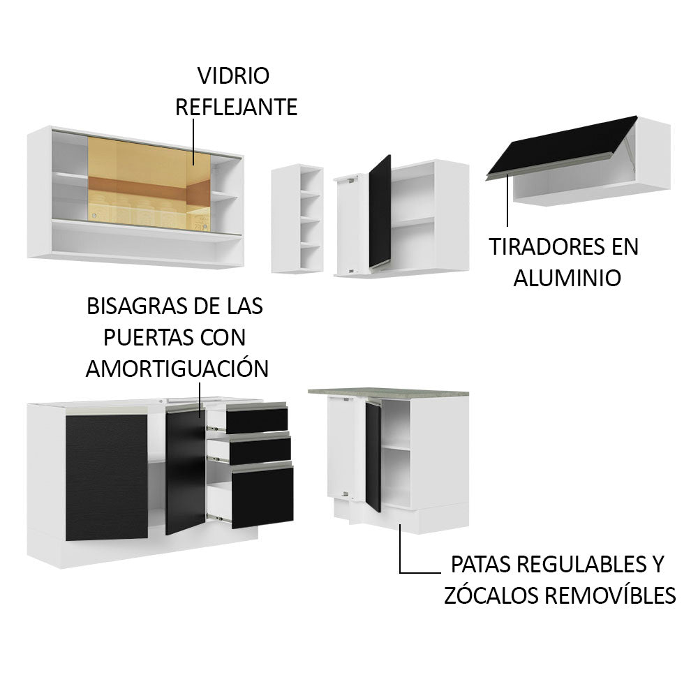 Combo completo de Cocina Esquinera 349cm Blanco/Negro Glamy Madesa 06