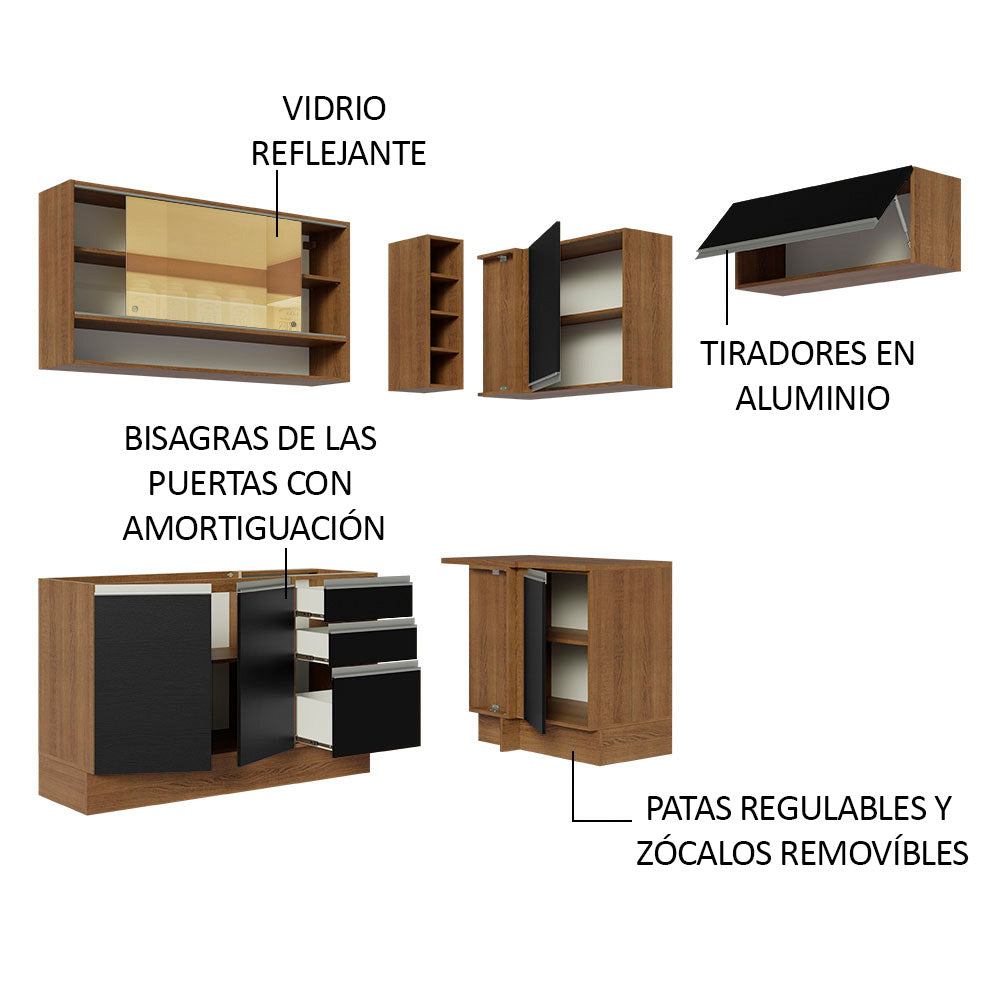 Combo completo de Cocina Esquinera 349cm Marrón/Negro Glamy Madesa 06