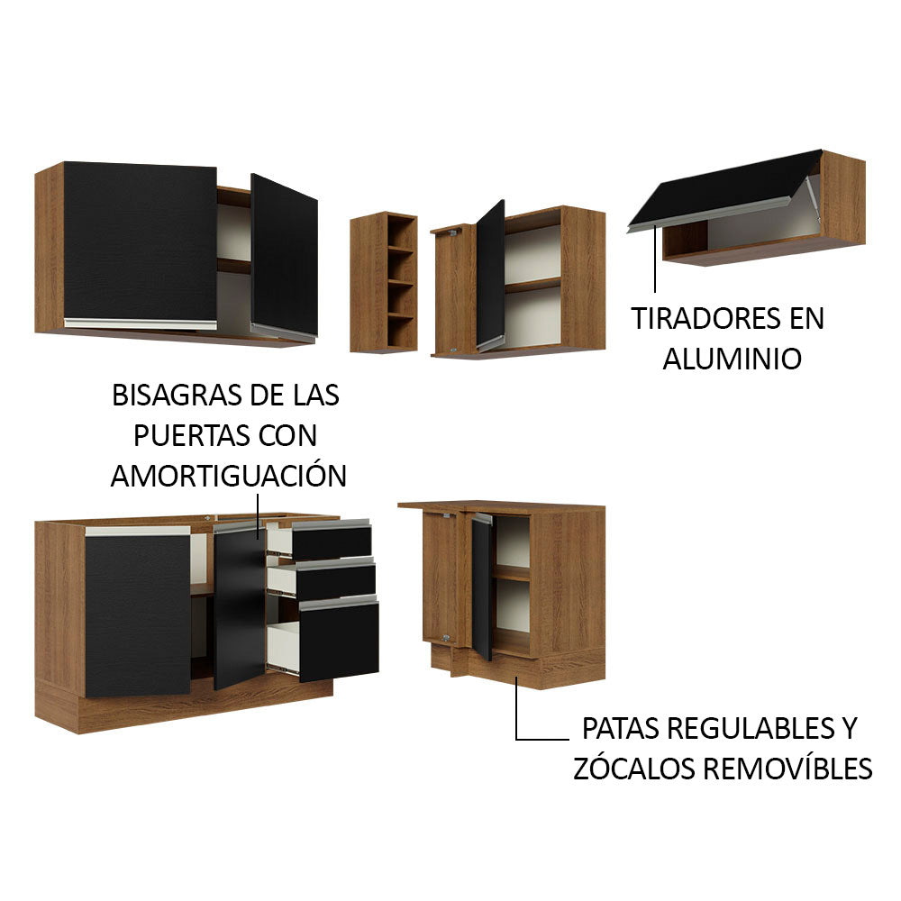 Combo completo de Cocina Esquinera 349cm Marrón/Negro Glamy Madesa 07
