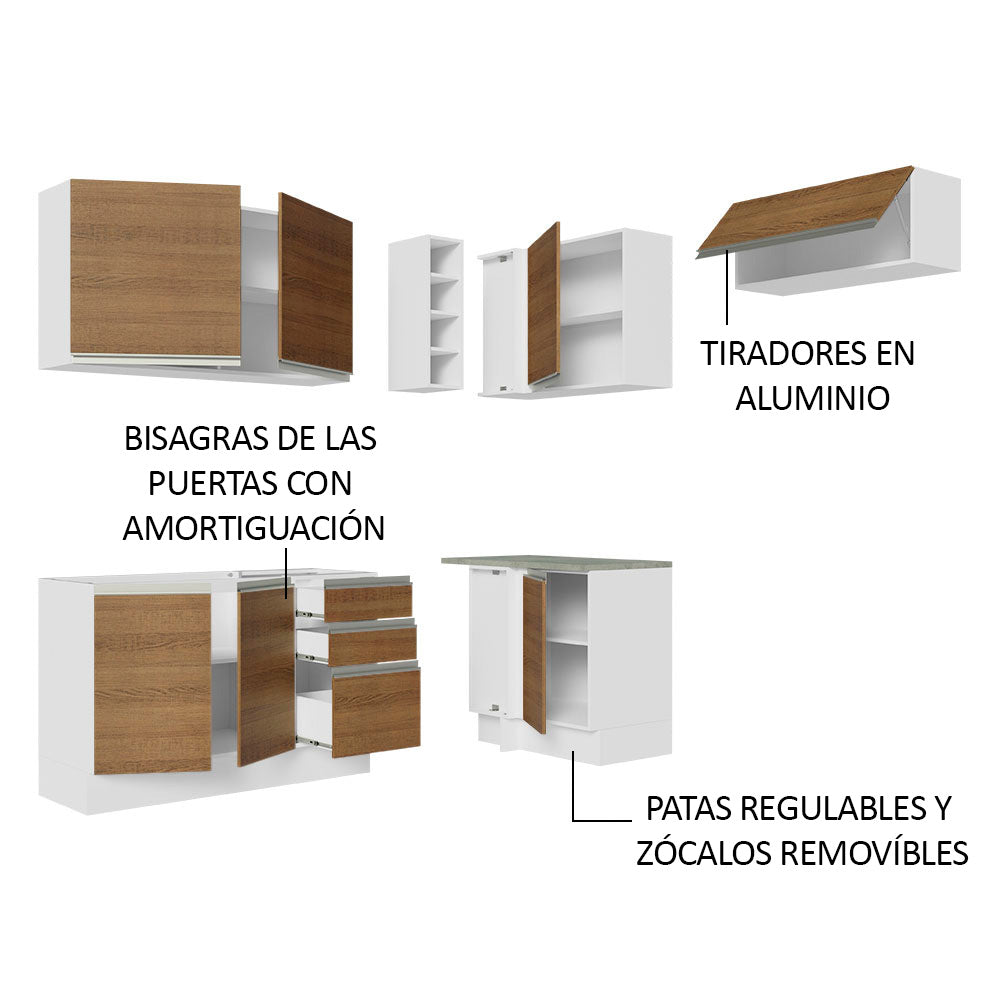 Combo completo de Cocina Esquinera 349 cm 7 Puertas 3 Cajones Sin Mesada Blanco/Marrón Glamy Madesa