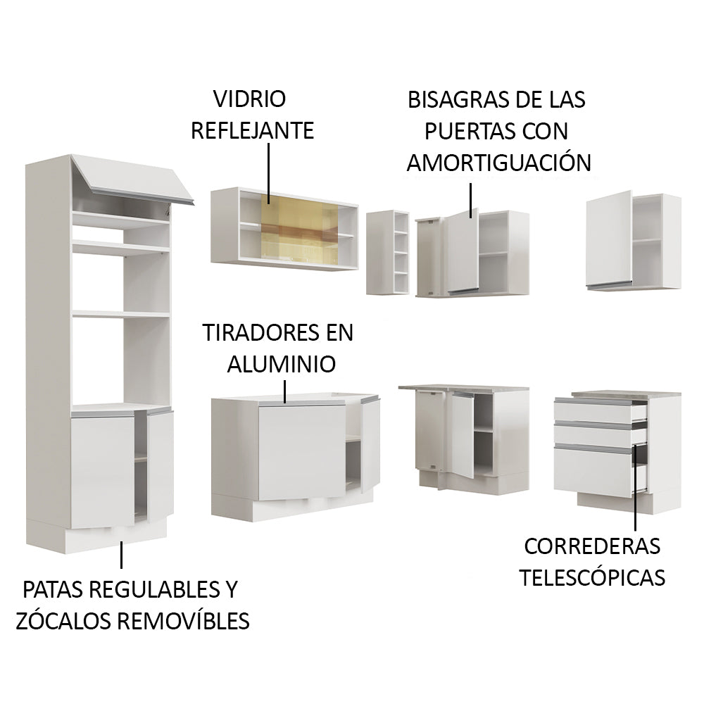 Combo completo de Cocina Esquinera 399 cm 10 Puertas 3 Cajones Sin Mesada Blanco Glamy Madesa