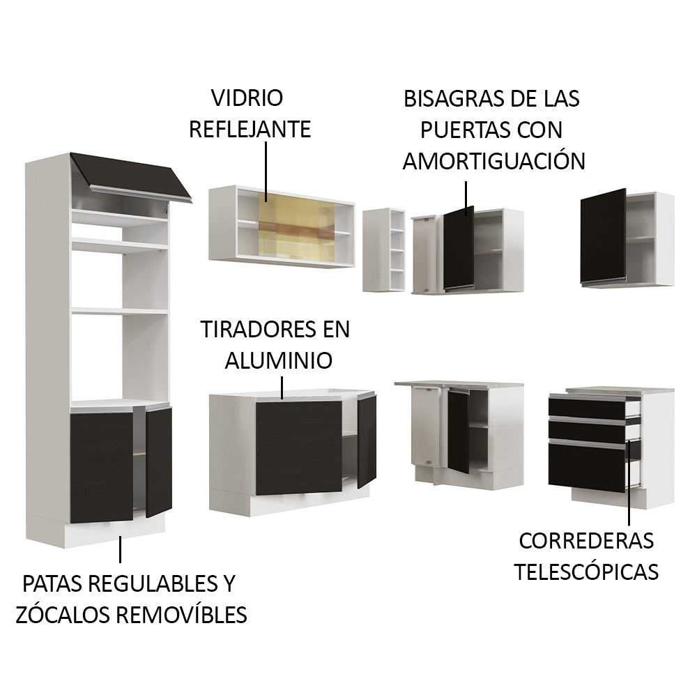 Combo completo de Cocina Esquinera 399 cm 10 Puertas 3 Cajones Sin Mesada Blanco/Negro Glamy Madesa