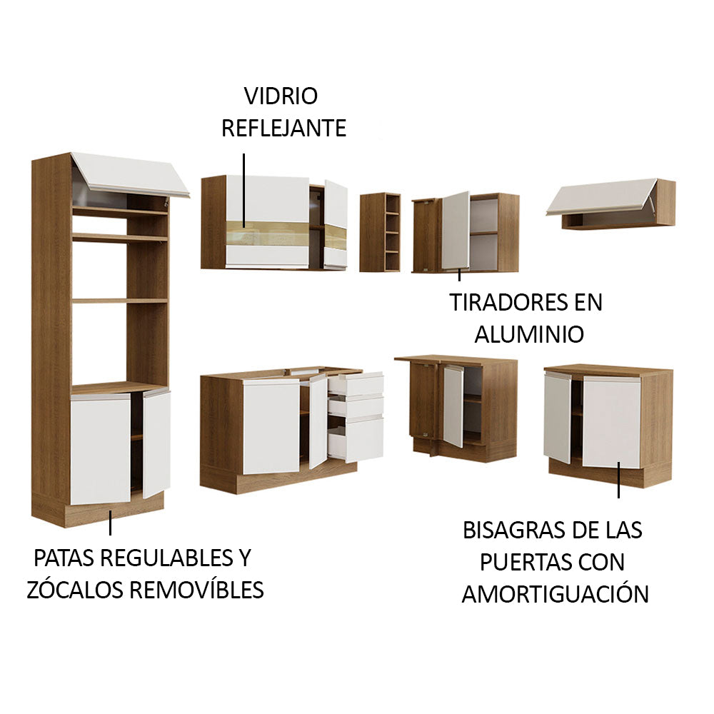 Combo completo de Cocina Esquinera 419 cm 12 Puertas 3 Cajones Sin Mesada Marrón/Blanco Glamy Madesa