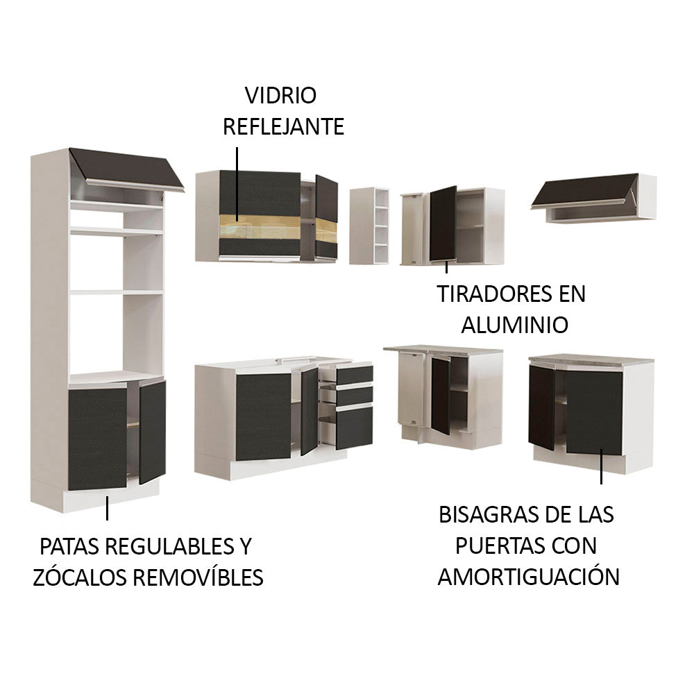Combo completo de Cocina Esquinera 419 cm 12 Puertas 3 Cajones Sin Mesada Blanco/Negro Glamy Madesa
