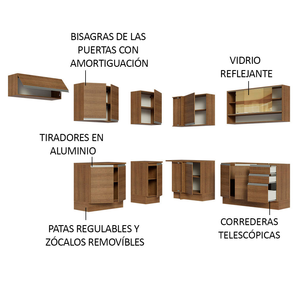 Combo completo de Cocina Esquinera 469 cm 13 Puertas 3 Cajones Sin Mesada Marrón Glamy Madesa