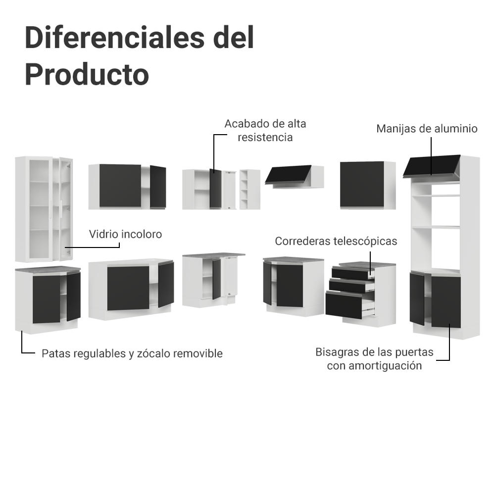 Combo completo de Cocina Esquinera con Cristalero 549 cm Madesa Glamy BN 01
