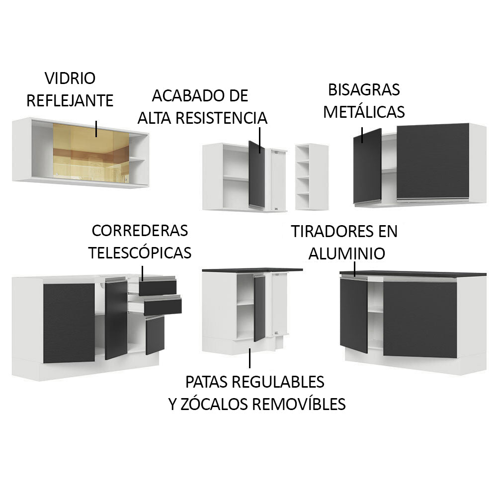 Combo Completo de Cocina Esquinera 100% MDF 409 cm Frentes Blanco Brillante Acordes Madesa 01