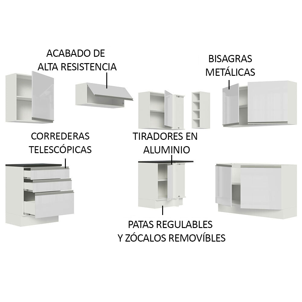 Combo Completo de Cocina Esquinera 100% MDF 409 cm Frentes Blanco Brillante Acordes Madesa 01