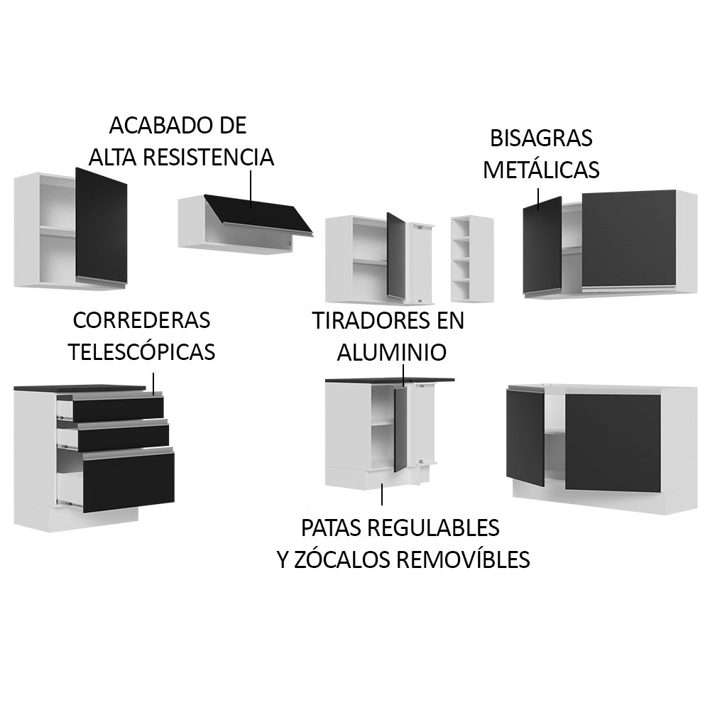 Combo Completo de Cocina Esquinera 100% MDF 409 cm Blanco/Negro Acordes Madesa 01