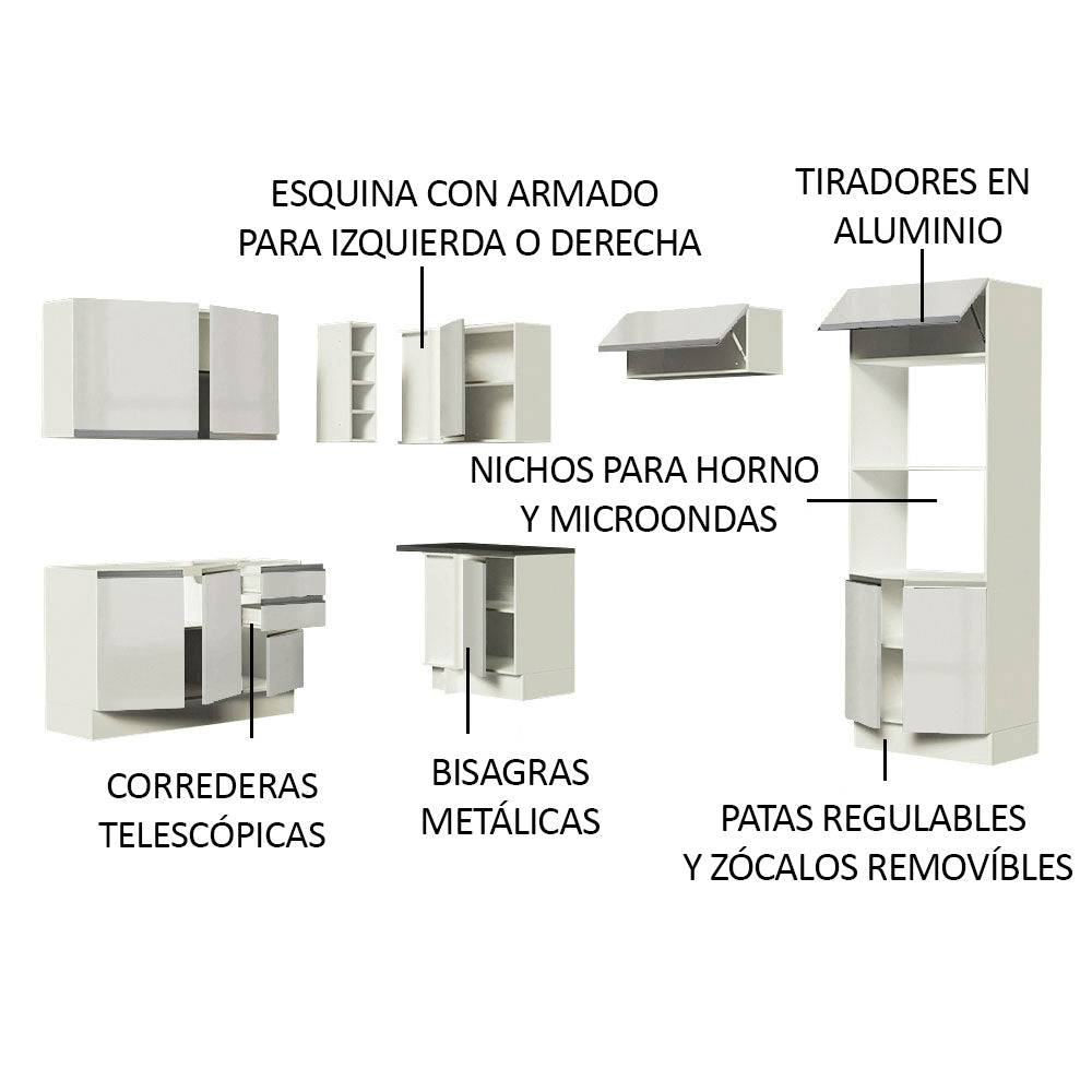 Combo Completo de Cocina Esquinera 100% MDF 419 cm Frentes Blanco Brillante Acordes Madesa 01