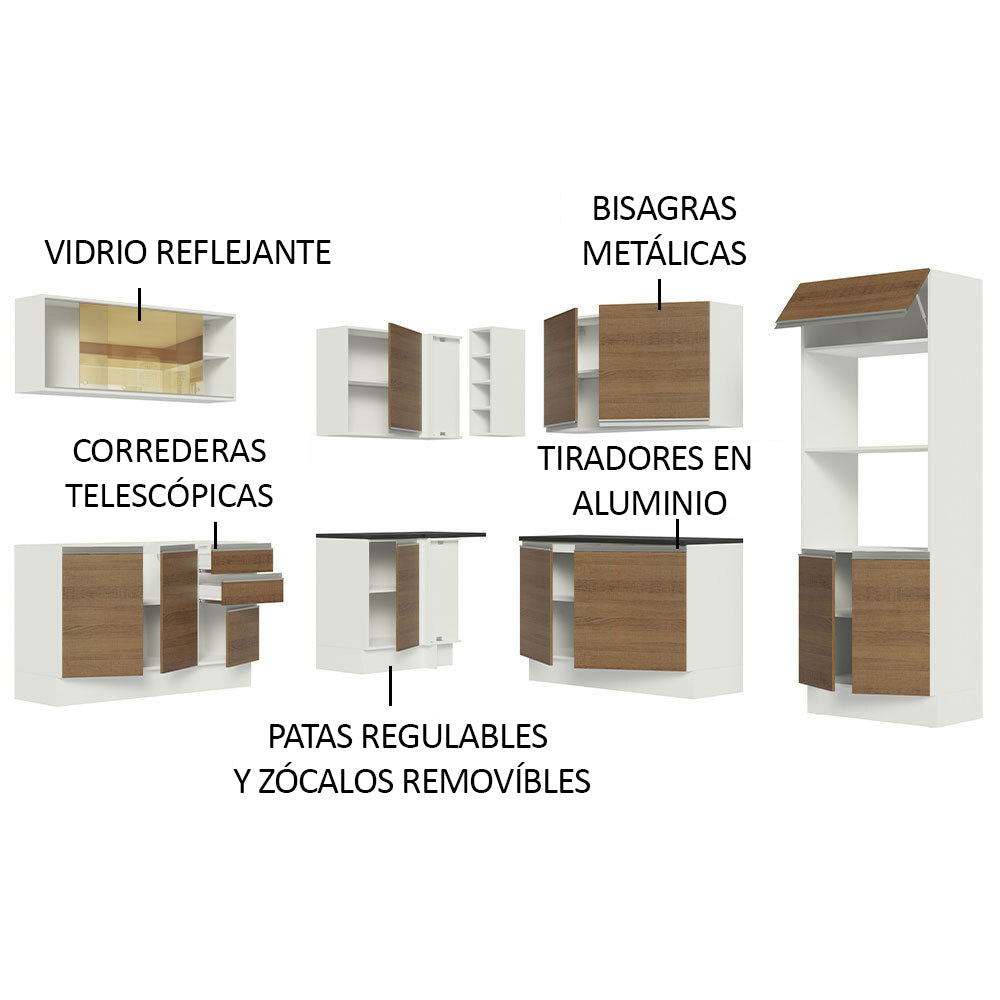 Combo Completo de Cocina Esquinera 100% MDF 459 cm Blanco/Marrón Acordes Madesa 01