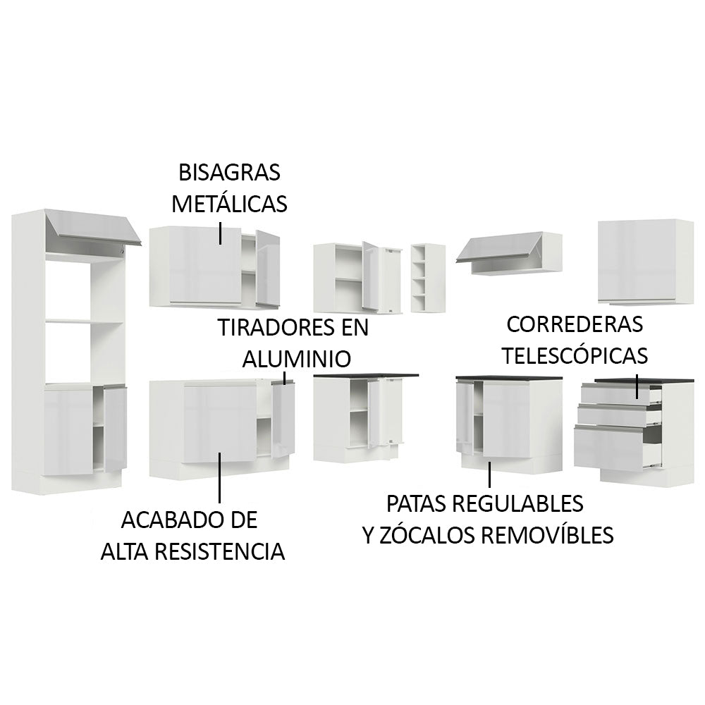 Combo Completo de Cocina Esquinera 100% MDF 479 cm Frentes Blanco Brillante Acordes Madesa 03