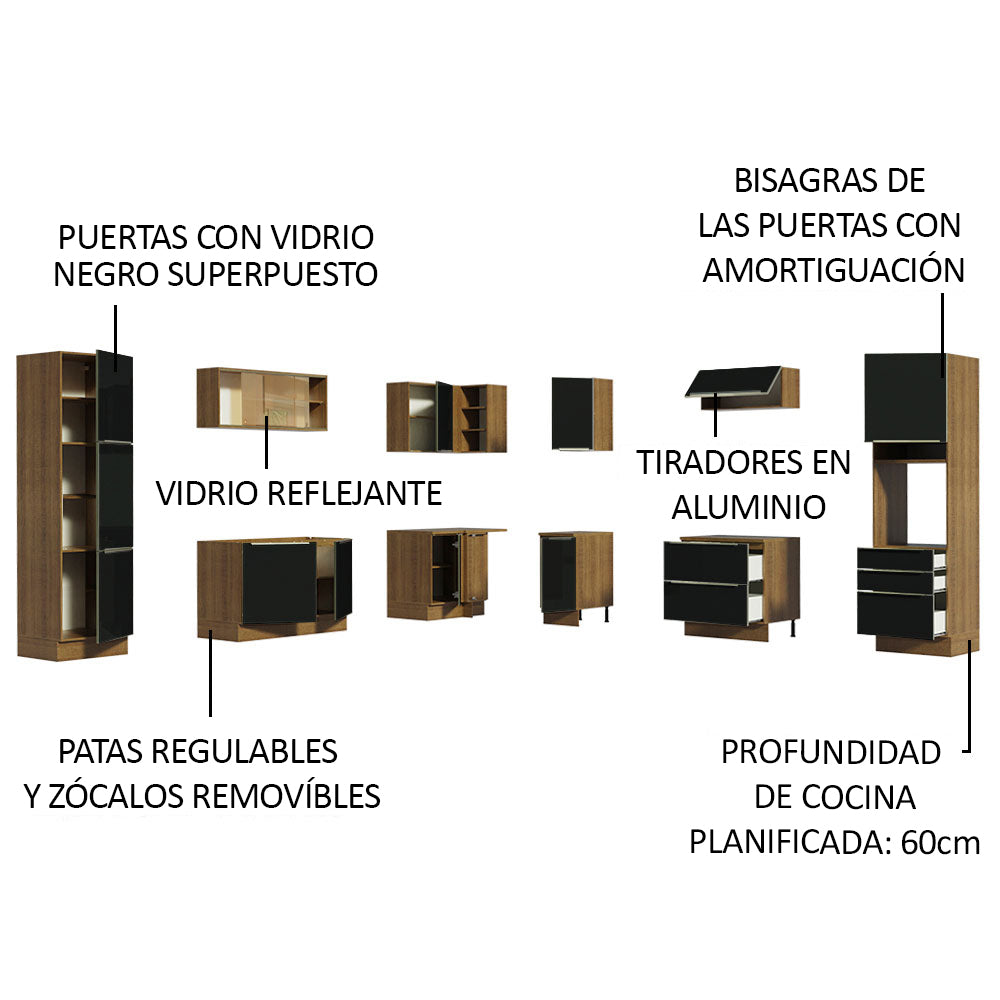 Combo completo de Cocina Esquinero 526cm Marrón/Negro Lux Madesa 01
