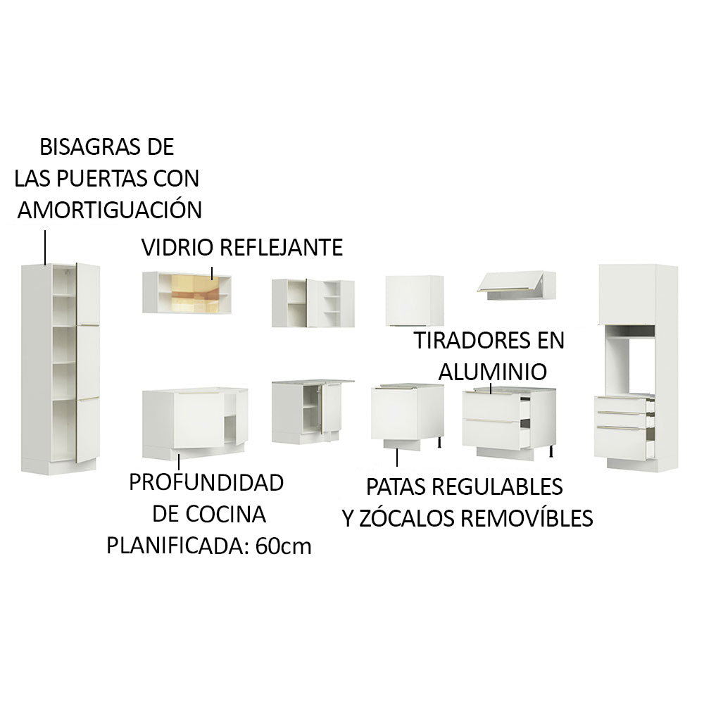 Combo Completo de Cocina Esquinera 546 x 60 cm Blanco/Blanco Aterciopelado Lux Madesa 01