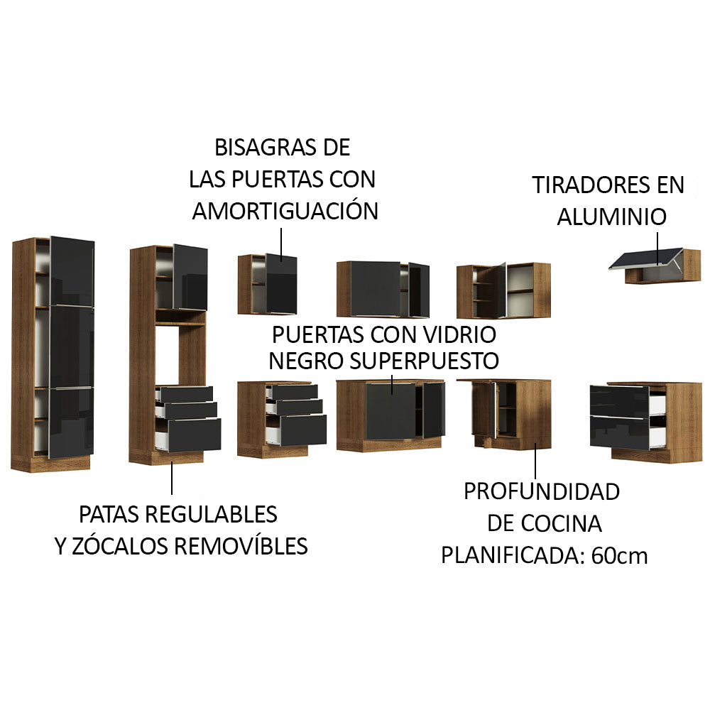 Combo completo de Cocina Esquinera 546 cm 12 Puertas 8 Cajones Marrón/Negro Lux Madesa