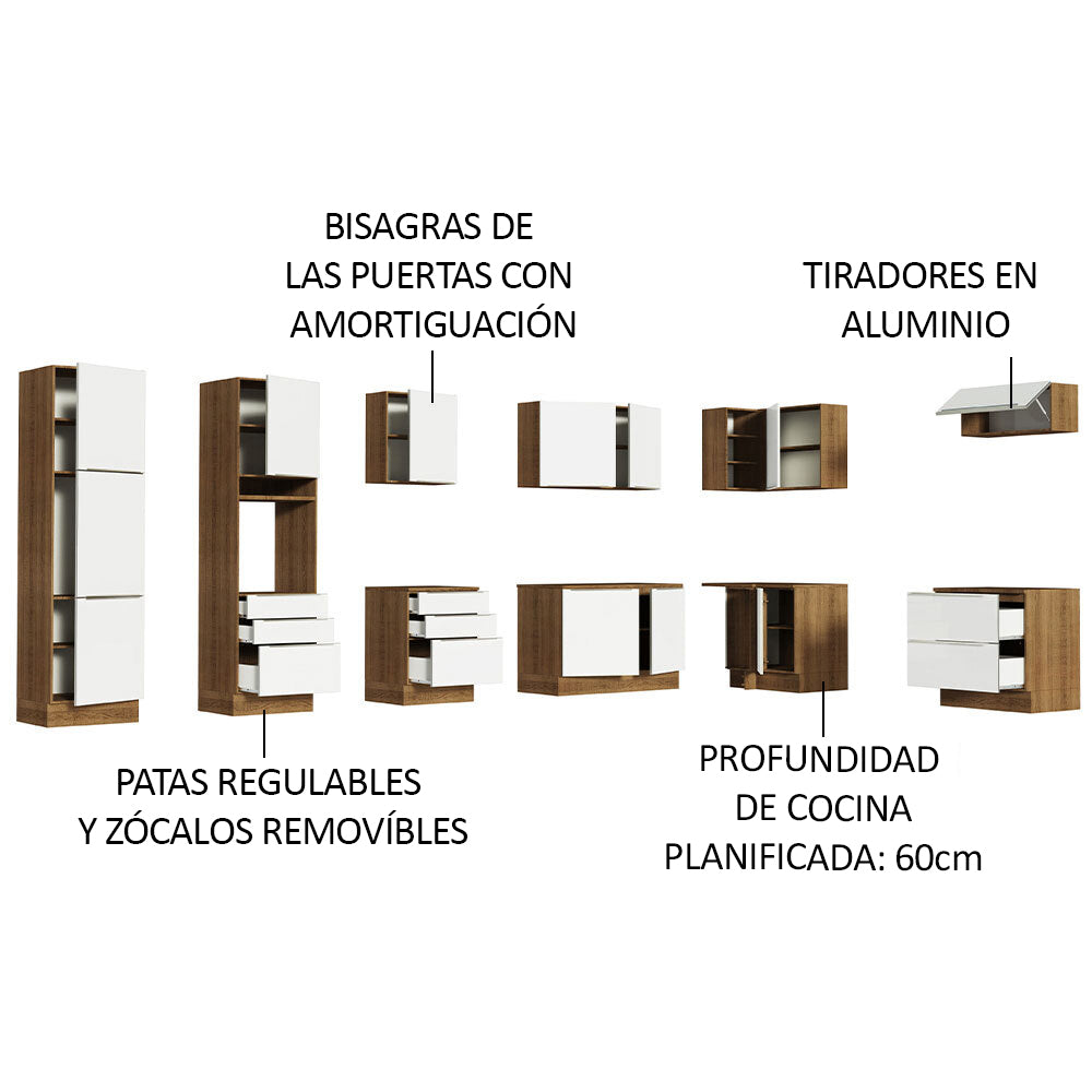 Combo Completo de Cocina Esquinera 546 x 60 cm Marrón/Blanco Aterciopelado Lux Madesa 05