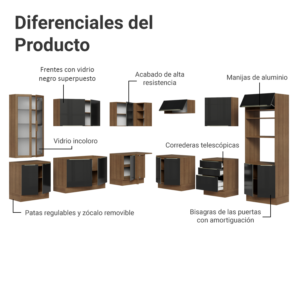 Combo completo de Cocina Esquinera 566 cm con Cristalero 17 Puertas 3 Cajones Sin Mesada Marrón/Negro Lux Madesa