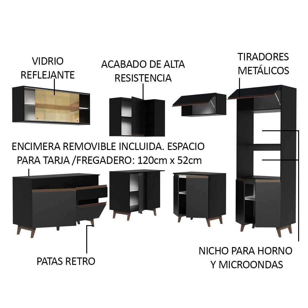 Combo completo de Cocina Esquinera 402 cm 12 Puertas 1 Cajón Negro Reims Madesa