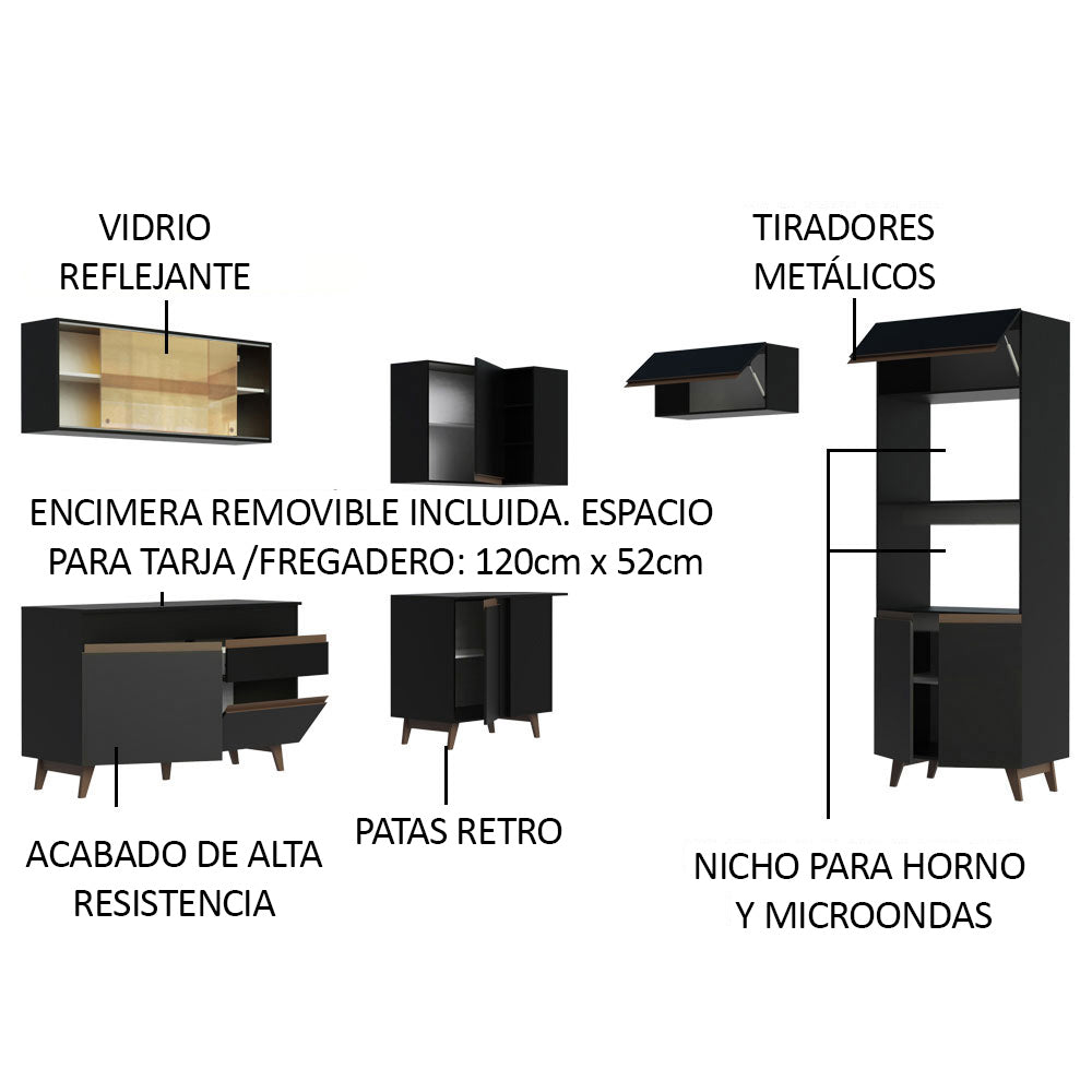 Combo completo de Cocina Esquinera 402 cm 10 Puertas 1 Cajón Negro Reims Madesa