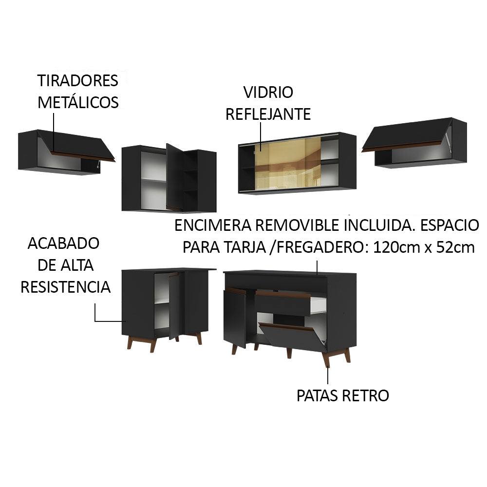 Combo completo de Cocina Esquinera 402 cm 8 Puertas 1 Cajón Negro Reims Madesa