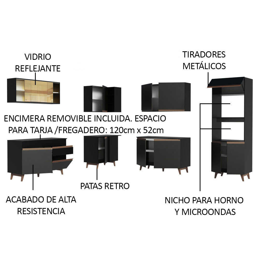 Combo completo de Cocina Esquinera 452 cm 13 Puertas 1 Cajón Negro Reims Madesa