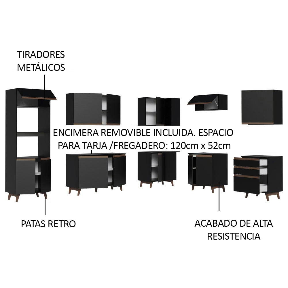 Combo completo de Cocina Esquinera 462 cm 13 Puertas 3 Cajones Negro Reims Madesa