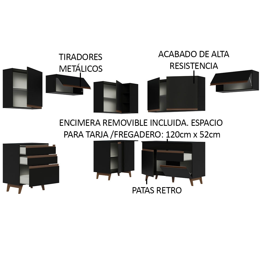 Combo completo de Cocina Esquinera 462 cm 9 Puertas 4 Cajones Negro Reims Madesa