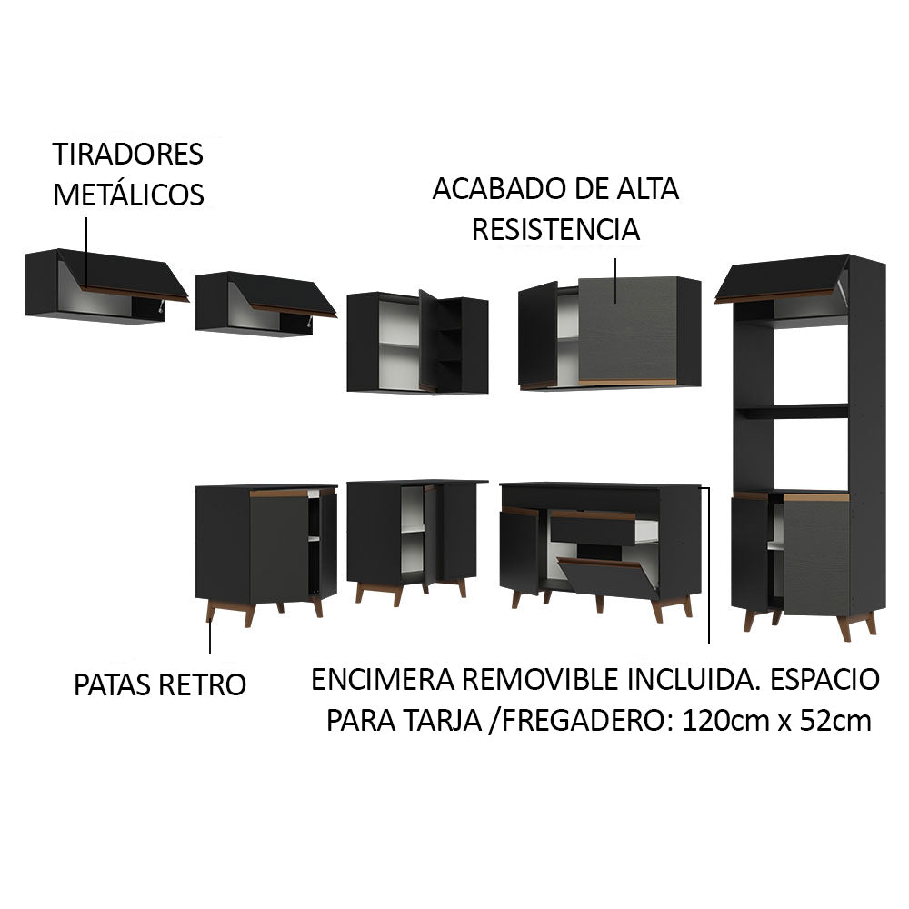 Combo completo de Cocina Esquinera 472 cm 13 Puertas 1 Cajón Negro Reims Madesa