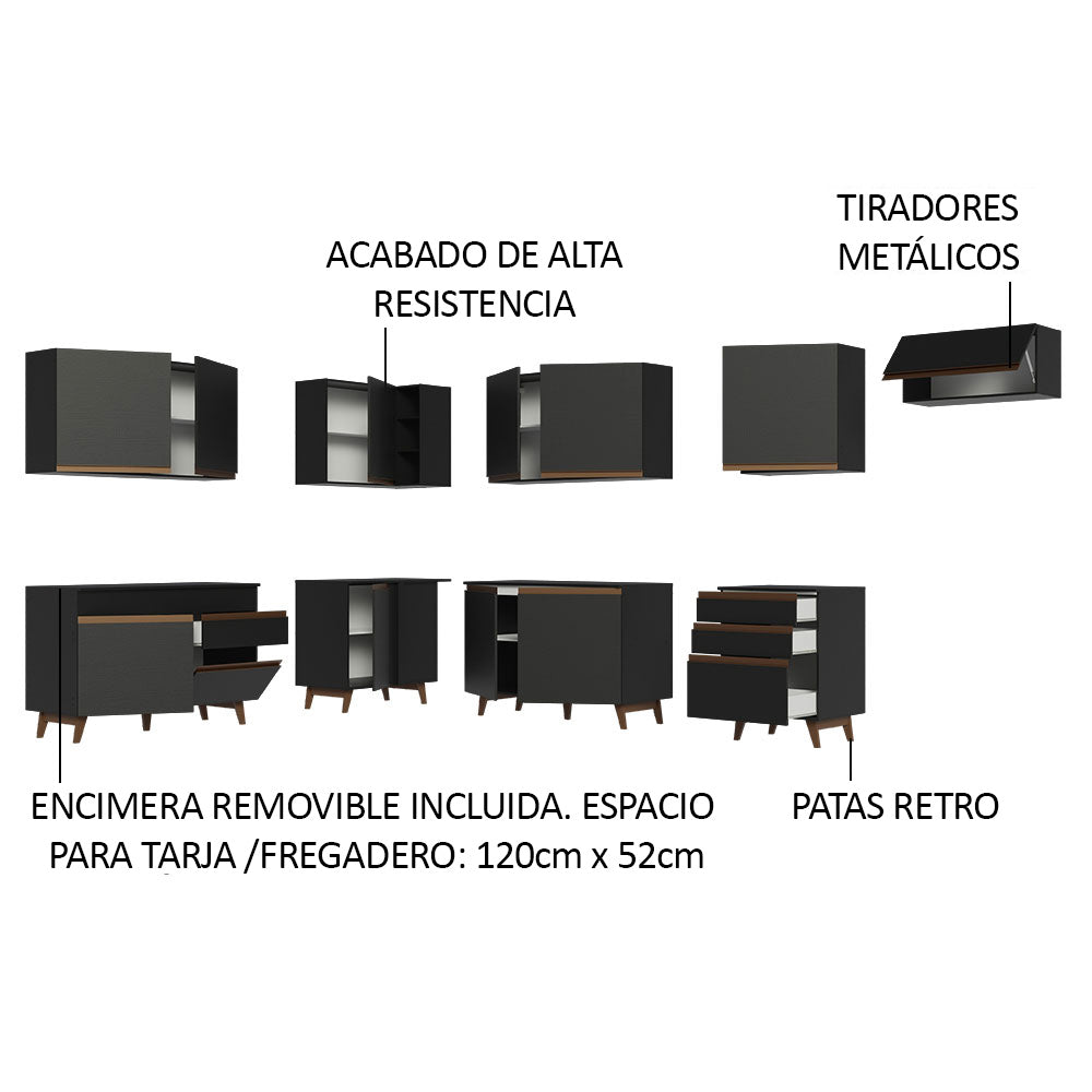 Combo completo de Cocina Esquinera 512 cm 12 Puertas 4 Cajones Negro Reims Madesa
