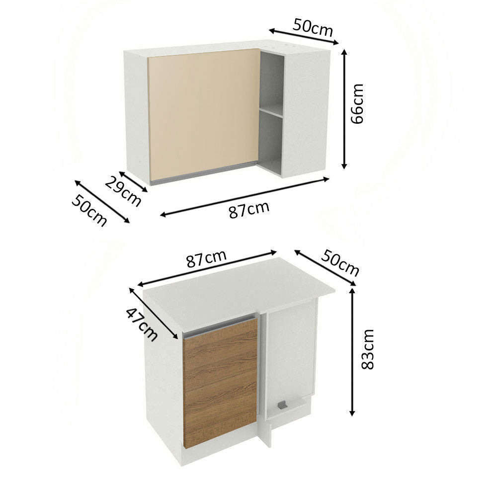 Kit Cocina Esquinera 100% MDF 2 Puertas y Nicho Marrón/Crema/Blanco Smart Madesa