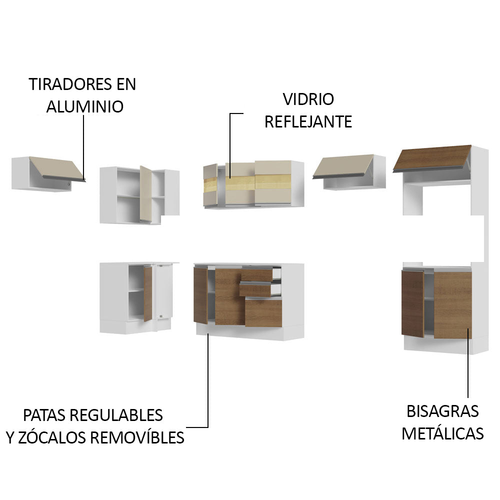 Combo completo de Cocina Esquinera Smart 100% MDF 447 cm 17 Puertas 2 Cajones (Con Mesada) Blanco/Marrón Madesa