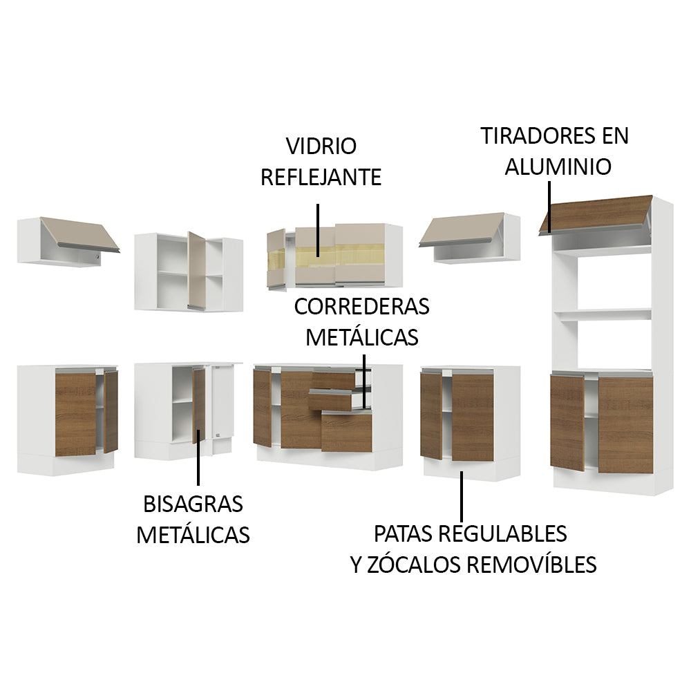 Combo Completo de Cocina Esquinera 100% MDF 447 cm Blanco/Marrón/Crema Smart Madesa 02