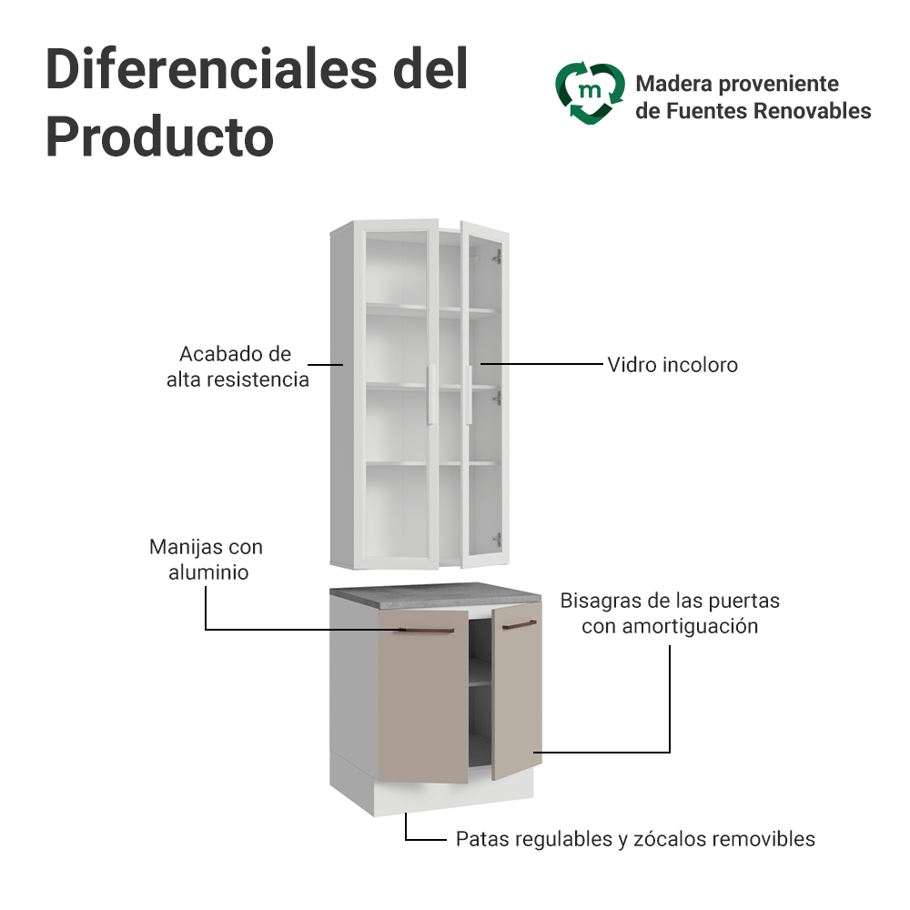 Kit Bajo Mesada + Cristalero 70cm Blanco/Crema Agata Madesa 02