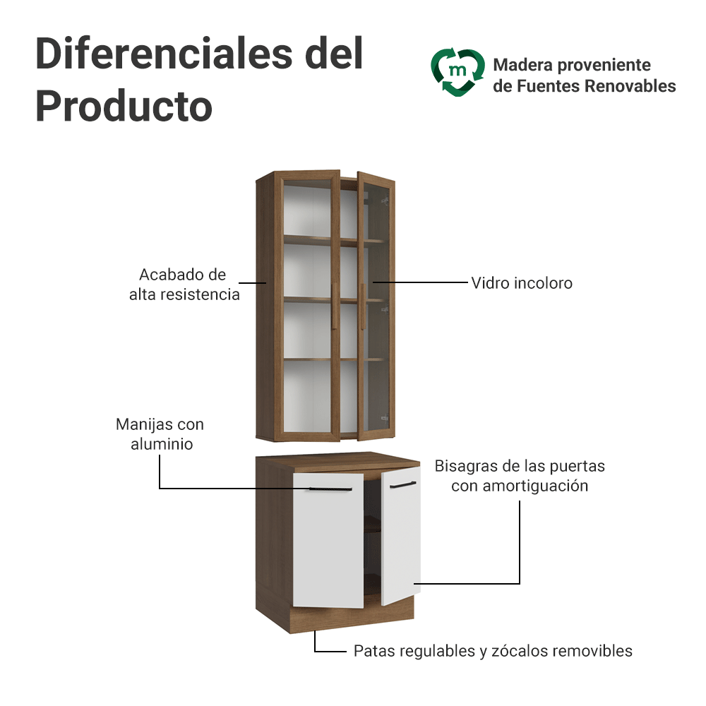 Kit Bajo Mesada + Cristalero 70cm Marrón/Blanco Agata Madesa 02